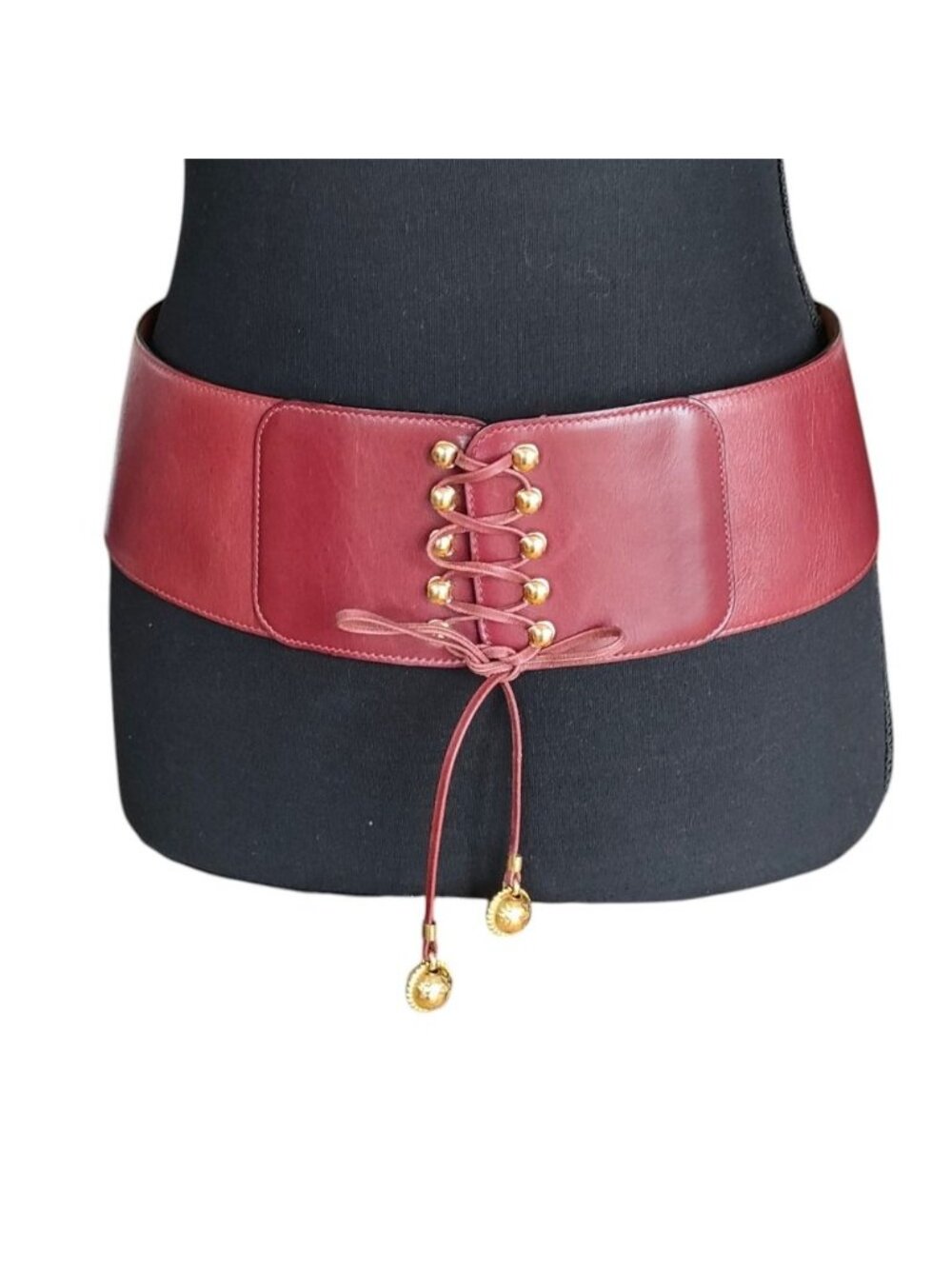 Celine Vintage Star Ball Charm Corset Waist Mark Wide Leather Belt 75 Bordeaux